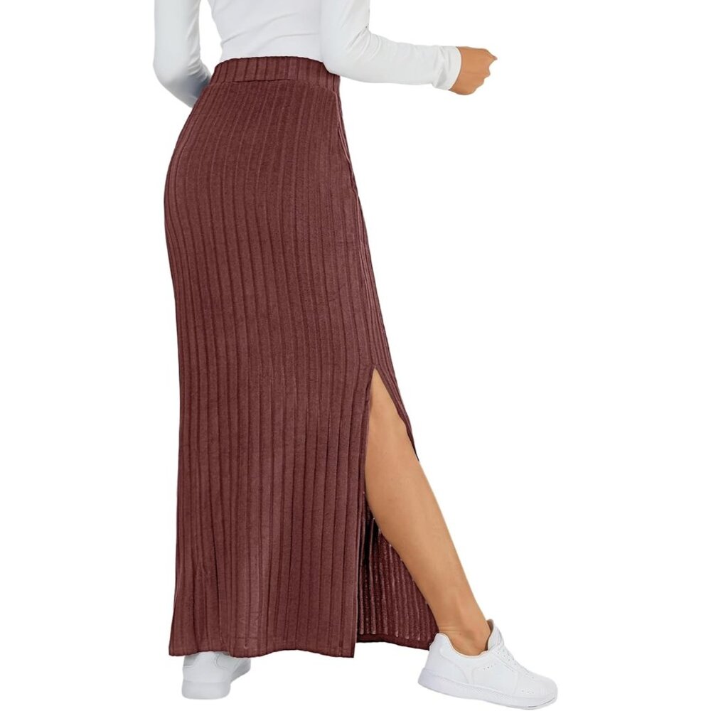 Women's Brown Ribbed Knit Pencil Side Slit High Waisted Bodycon Long Midi Skirt - Picture 2 of 5